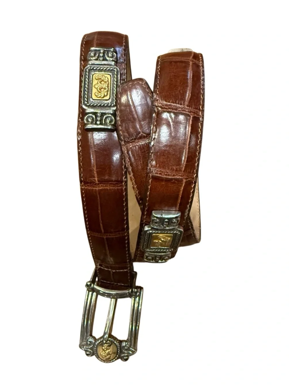 90s Vintage Brighton Museum Croc Embossed Leather Coins Brass Belt Size Medium